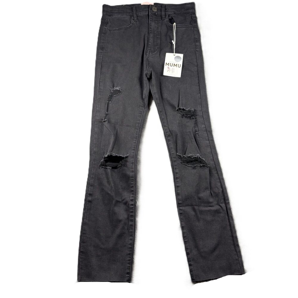 Show Me Your MuMu Women Jeans NEW Soho Zip Up Vintage Black Destructed 26 Q115